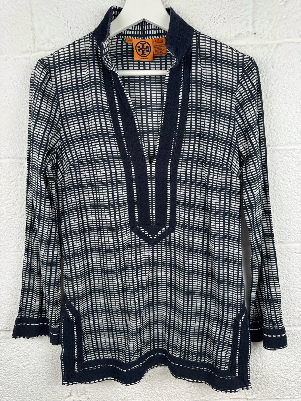 Tory Burch Navy & White Printed Cotton Tunic Blouse Size 2